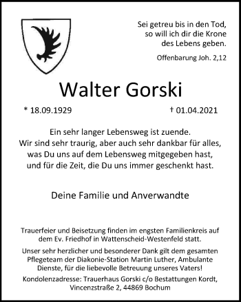Traueranzeige von Walter Gorski von WVW Anzeigenblätter