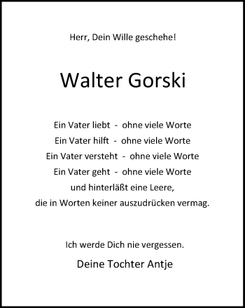 Traueranzeige von Walter Gorski von WVW Anzeigenblätter