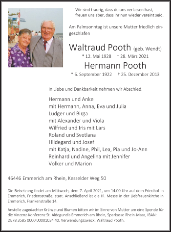 Traueranzeige von Waltraud und Hermann Pooth von WVW Anzeigenblätter