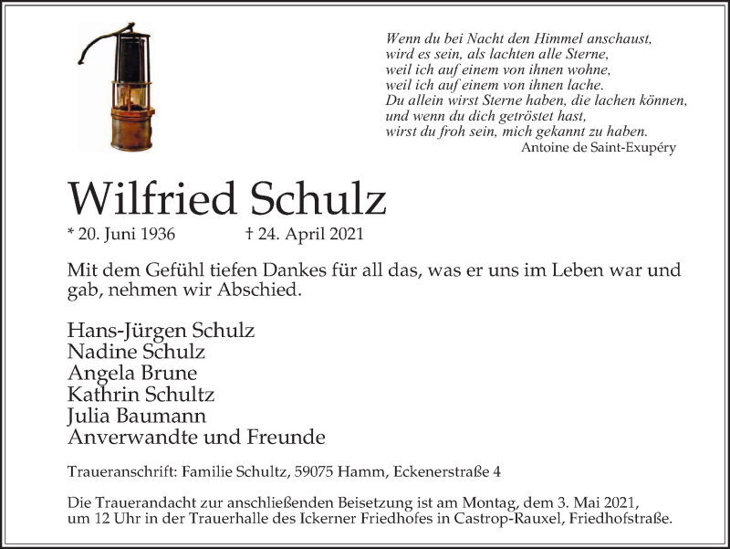  Traueranzeige für Wilfried Schulz vom 29.04.2021 aus WVW Anzeigenblätter