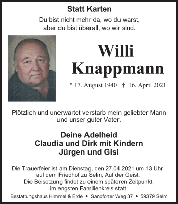 Traueranzeige von Willi Knappmann von WVW Anzeigenblätter