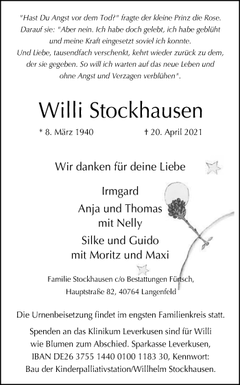 Traueranzeige von Willi Stockhausen von WVW Anzeigenblätter