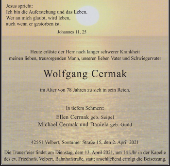 Traueranzeige von Wolfgang Cermak von WVW Anzeigenblätter
