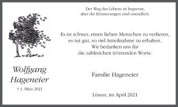 Traueranzeige von Wolfgang Hageneier von WVW Anzeigenblätter