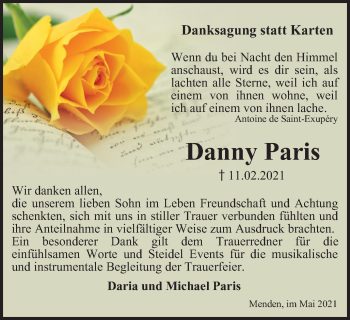 Traueranzeige von Danny Paris von WVW Anzeigenblätter