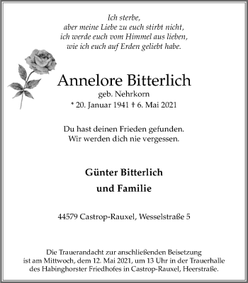 Traueranzeige von Annelore Bitterlich von WVW Anzeigenblätter