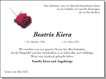 Traueranzeige von Beatrix Kiera von WVW Anzeigenblätter