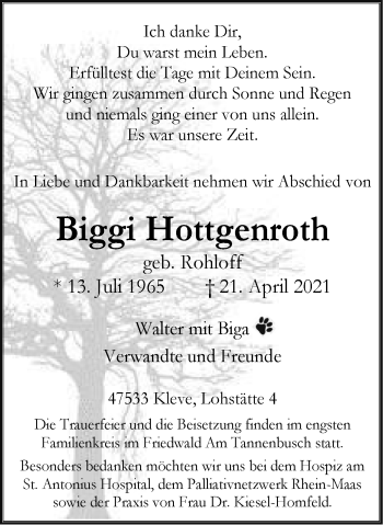 Traueranzeige von Biggi Hottgenroth von WVW Anzeigenblätter
