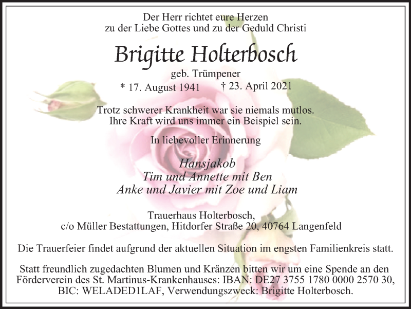  Traueranzeige für Brigitte Holterbosch vom 05.05.2021 aus WVW Anzeigenblätter