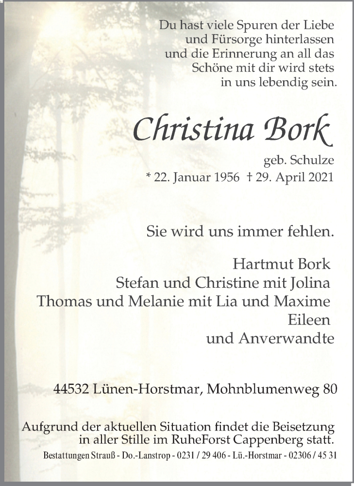  Traueranzeige für Christina Bork vom 08.05.2021 aus WVW Anzeigenblätter