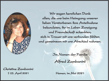 Traueranzeige von Christine Zambanini von WVW Anzeigenblätter