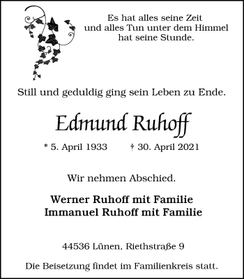 Traueranzeige von Edmund Ruhoff von WVW Anzeigenblätter