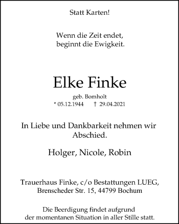 Traueranzeige von Elke Finke von WVW Anzeigenblätter