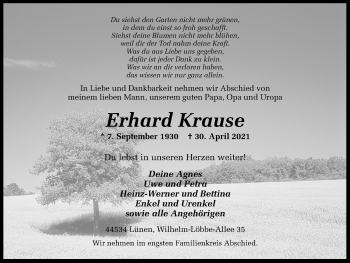 Traueranzeige von Erhard Krause von WVW Anzeigenblätter