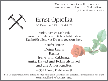 Traueranzeige von Ernst Opiolka von WVW Anzeigenblätter