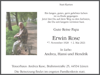 Traueranzeige von Erwin Rose von WVW Anzeigenblätter