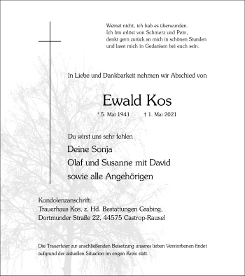 Traueranzeige von Ewald Kos von WVW Anzeigenblätter