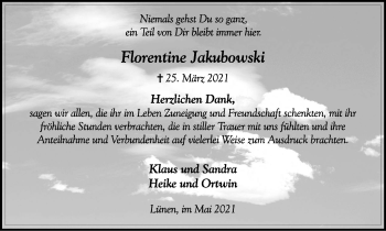 Traueranzeige von Florentine Jakubowski von WVW Anzeigenblätter