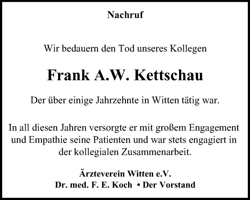  Traueranzeige für Frank A.W. Kettschau vom 05.05.2021 aus WVW Anzeigenblätter