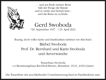 Traueranzeige von Gerd Swoboda von WVW Anzeigenblätter