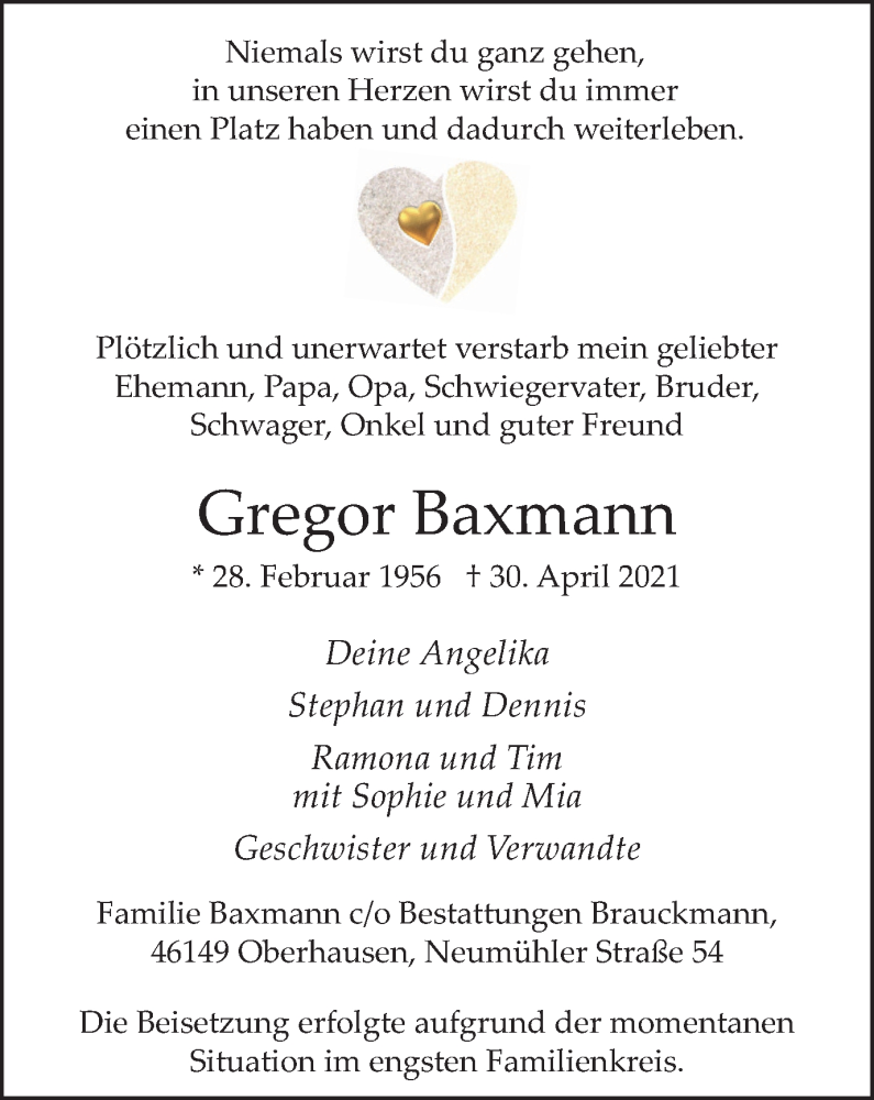  Traueranzeige für Gregor Baxmann vom 08.05.2021 aus WVW Anzeigenblätter