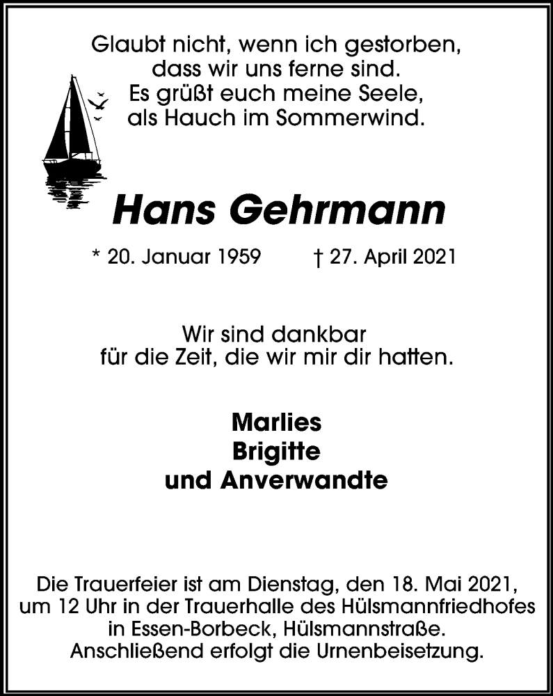  Traueranzeige für Hans Gehrmann vom 08.05.2021 aus WVW Anzeigenblätter