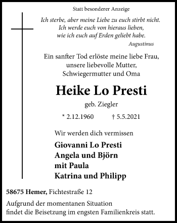 Traueranzeige von Heike Lo Presti von WVW Anzeigenblätter