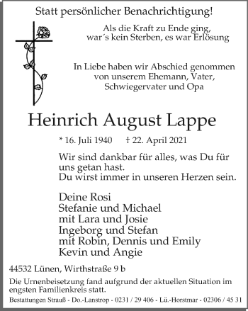 Traueranzeige von Heinrich August Lappe von WVW Anzeigenblätter