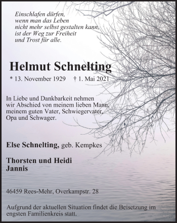 Traueranzeige von Helmut Schnelting von WVW Anzeigenblätter