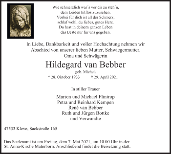 Traueranzeige von Hildegard van Bebber von WVW Anzeigenblätter