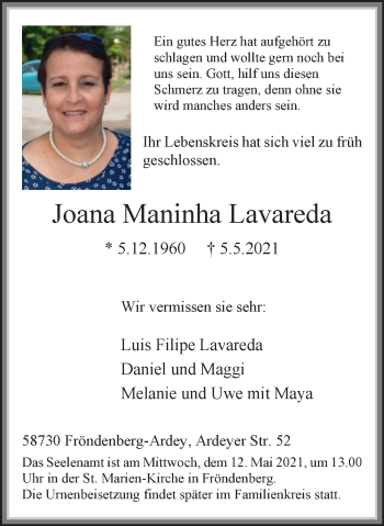 Traueranzeige von Joana Maninha Lavareda von WVW Anzeigenblätter