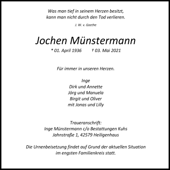 Traueranzeige von Jochen Münstermann von WVW Anzeigenblätter