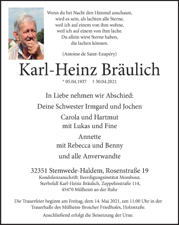 Traueranzeige von Karl-Heinz Bräulich von WVW Anzeigenblätter