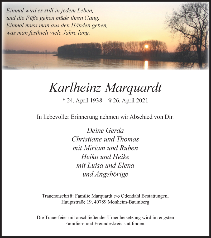  Traueranzeige für Karlheinz Marquardt vom 08.05.2021 aus WVW Anzeigenblätter