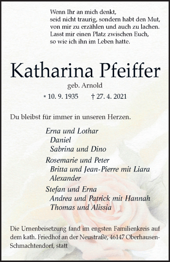 Traueranzeige von Katharina Pfeiffer von WVW Anzeigenblätter