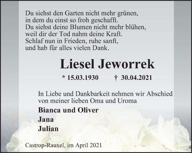  Traueranzeige für Liesel Jeworrek vom 08.05.2021 aus WVW Anzeigenblätter