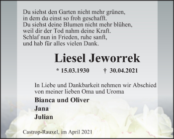 Traueranzeige von Liesel Jeworrek von WVW Anzeigenblätter