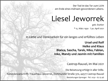 Traueranzeige von Liesel Jeworrek von WVW Anzeigenblätter