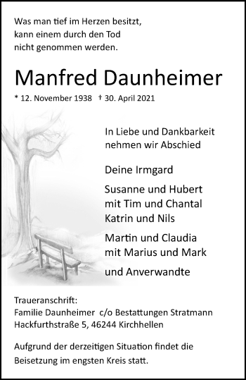 Traueranzeige von Manfred Daunheimer von WVW Anzeigenblätter