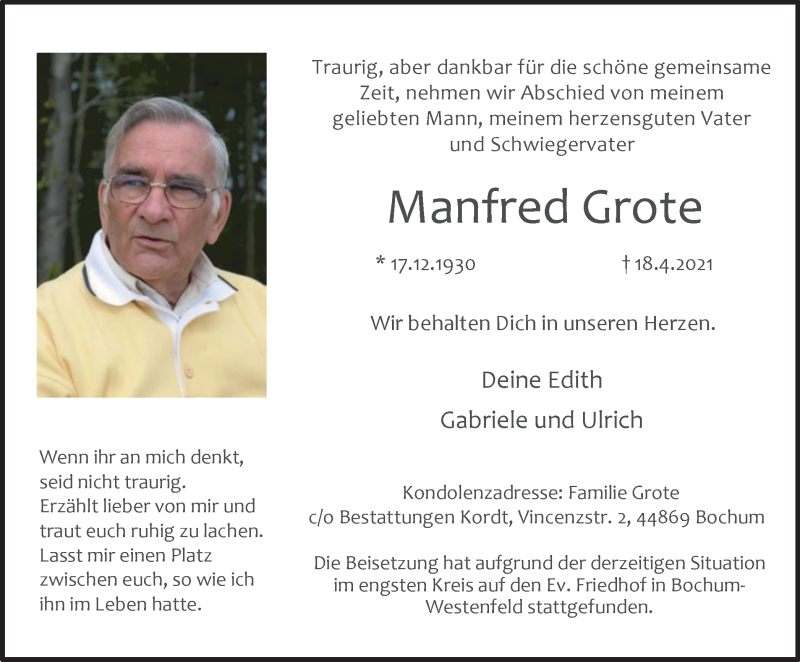  Traueranzeige für Manfred Grote vom 08.05.2021 aus WVW Anzeigenblätter