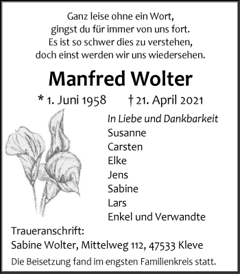 Traueranzeige von Manfred Wolter von WVW Anzeigenblätter