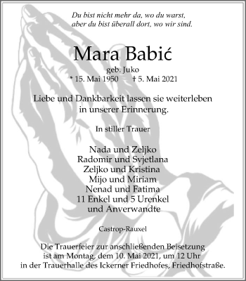 Traueranzeige von Mara Babic von WVW Anzeigenblätter