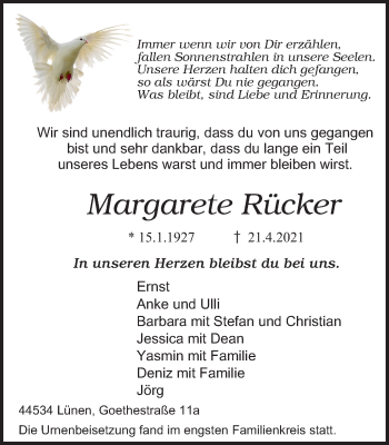 Traueranzeige von Margarete Rücker von WVW Anzeigenblätter