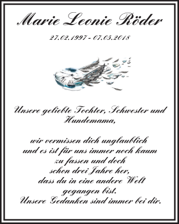 Traueranzeige von Marie Leonie Röder von WVW Anzeigenblätter
