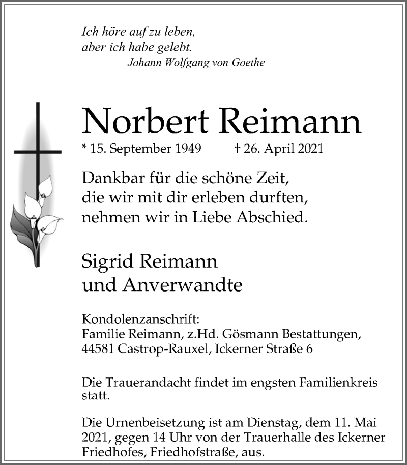 Traueranzeige für Norbert Reimann vom 08.05.2021 aus WVW Anzeigenblätter