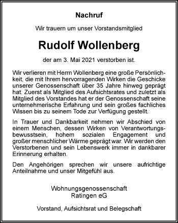 Traueranzeige von Rudolf Wollenberg von WVW Anzeigenblätter