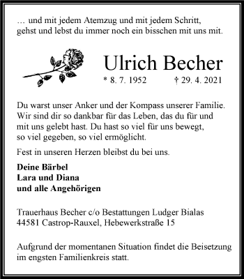 Traueranzeige von Ulrich Becher von WVW Anzeigenblätter