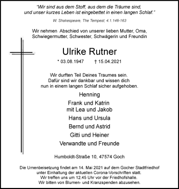 Traueranzeige von Ulrike Rutner von WVW Anzeigenblätter