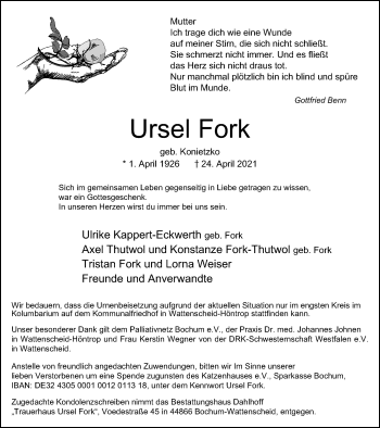 Traueranzeige von Ursel Fork von WVW Anzeigenblätter