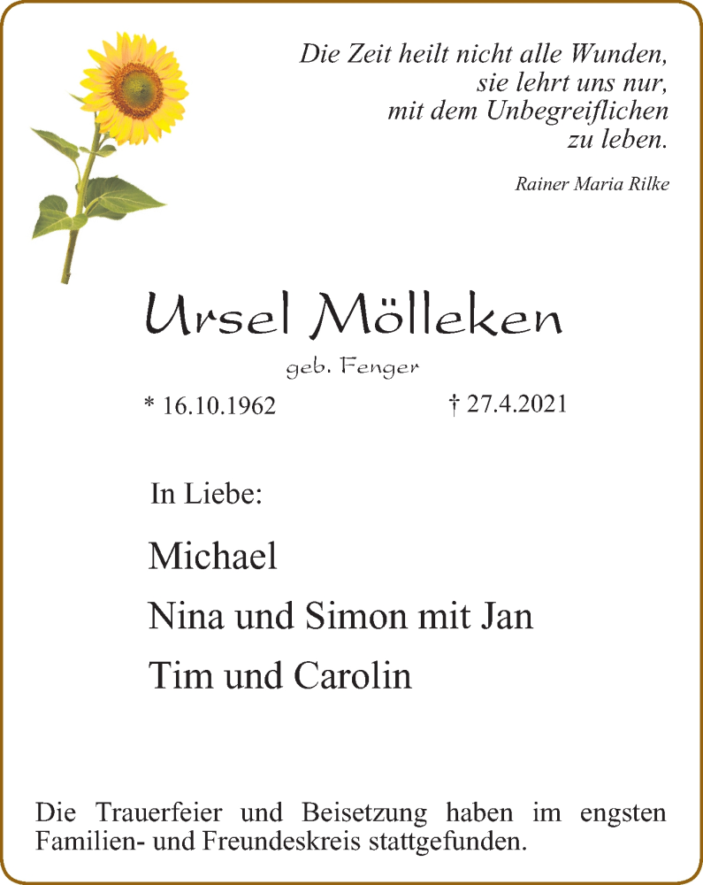  Traueranzeige für Ursel Mölleken vom 08.05.2021 aus WVW Anzeigenblätter